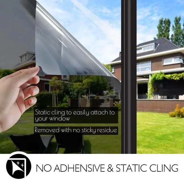 Alt view image 5 of 7 - One Way Privacy Window Film, Daytime Mirror Reflective Heat Control UV Sun Blocking Non-Adhesive Static Cling Window Tint for Home and Office(Black-Silver, 17.5 Inch x 6.5 Feet)
