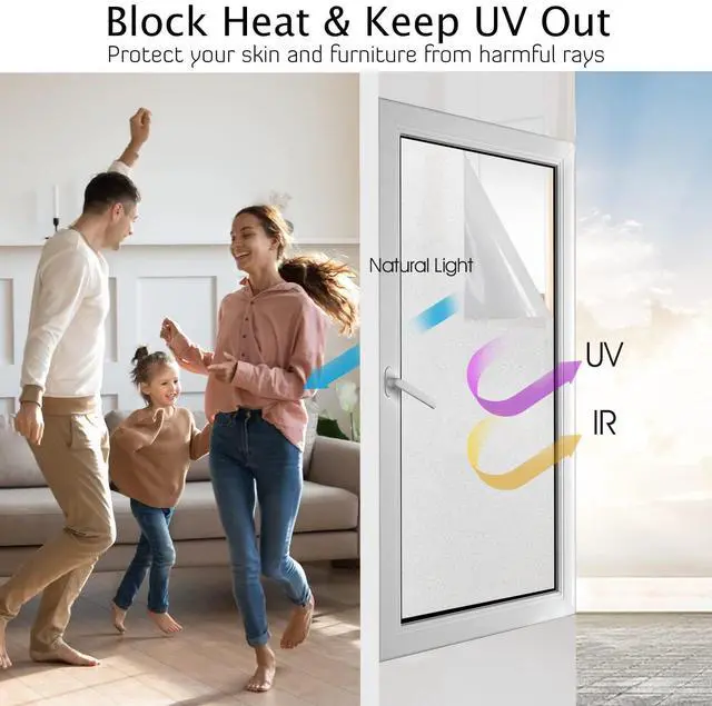 Alt view image 2 of 7 - Frosted Window Privacy Film Heat Control UV Blocking, Static Cling Non-Adhesive Reusable Door coverings for Bathroom Home Office (Frosted 17.5 Inch x 6.5 Feet)