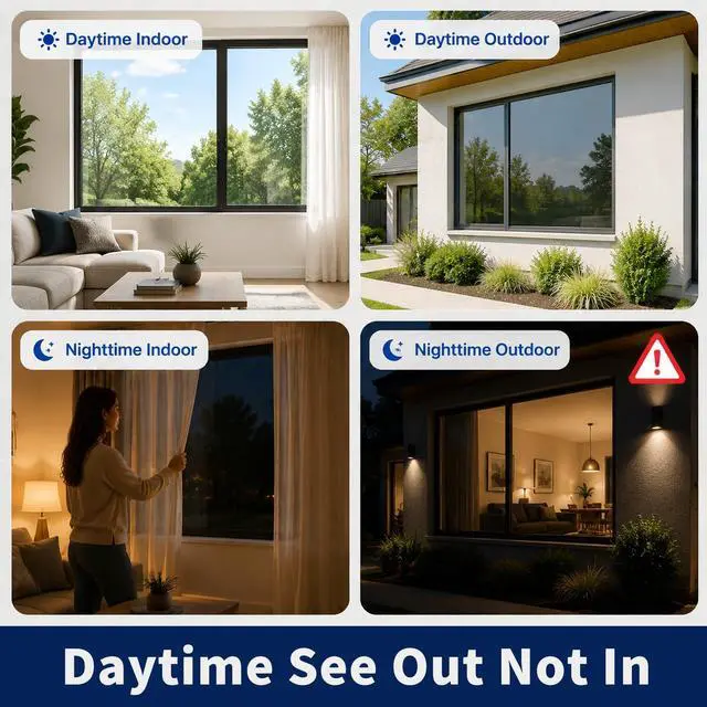 Alt view image 2 of 7 - One Way Window Privacy Film, See Out Not in Daytime Mirror Tint for Home, Heat Blocking Window Film with Sun & UV Control Static Cling Reflective Glass Covering Black Silver 17.5Inch x 6.5Feet