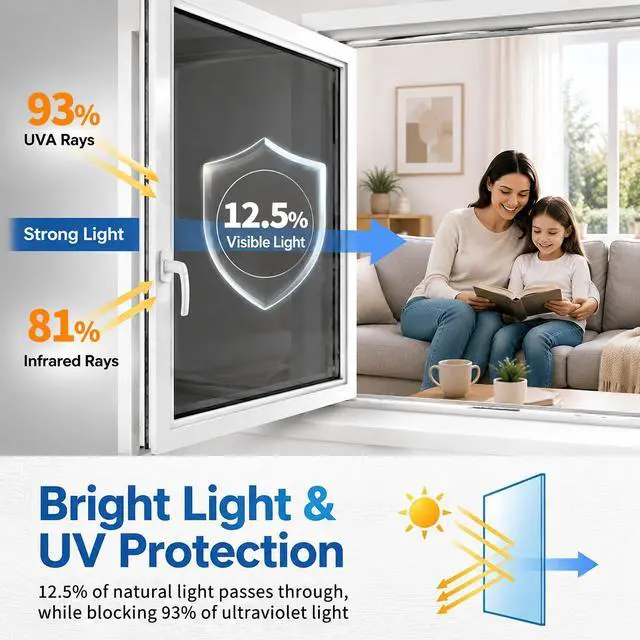 Alt view image 3 of 7 - One Way Window Privacy Film, See Out Not in Daytime Mirror Tint for Home, Heat Blocking Window Film with Sun & UV Control Static Cling Reflective Glass Covering Black Silver 17.5Inch x 6.5Feet