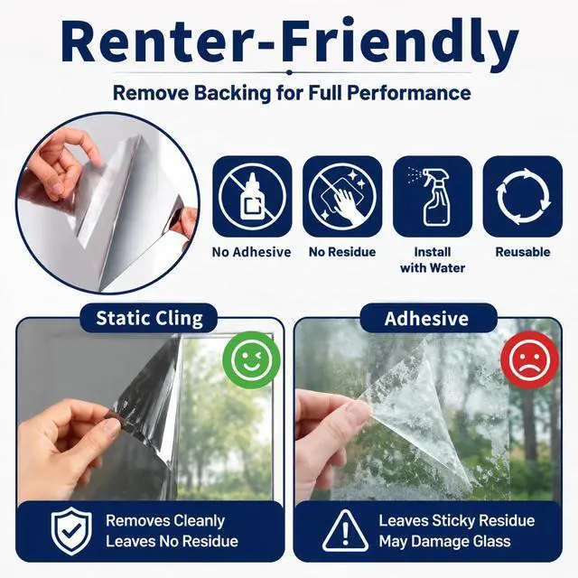 Alt view image 5 of 7 - One Way Window Privacy Film, See Out Not in Daytime Mirror Tint for Home, Heat Blocking Window Film with Sun & UV Control Static Cling Reflective Glass Covering Black Silver 17.5Inch x 6.5Feet