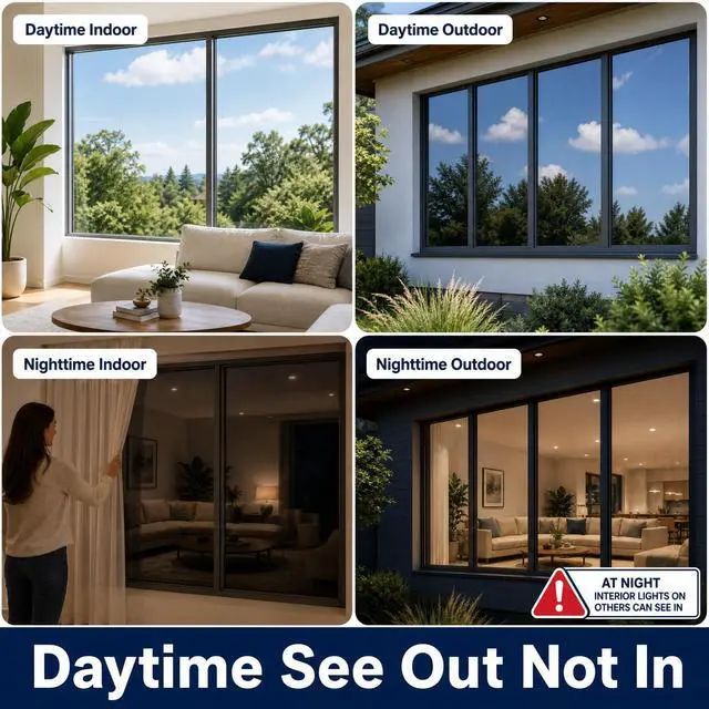 Alt view image 2 of 7 - One Way Window Privacy Film, Reflective Window Tint for Daytime Privacy, Heat Control & UV Blocking, Static Cling Mirror Film for Home, Office & Glass Doors, Black Silver 17.5" x 7.8'