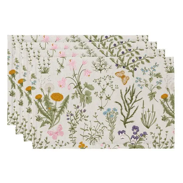 Main image of Boho Placemats Set of 4, 12x18 Inch Linen Fabric Floral Place Mats for Kitchen Dinning, Farmhouse Rustic Cloth Table Mats, Washable Placemat Botanical Party Table Décor, Wildflowers Herbs
