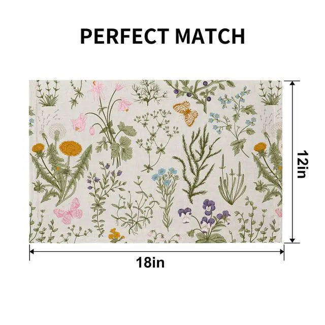 Alt view image 3 of 7 - Boho Placemats Set of 4, 12x18 Inch Linen Fabric Floral Place Mats for Kitchen Dinning, Farmhouse Rustic Cloth Table Mats, Washable Placemat Botanical Party Table Décor, Wildflowers Herbs