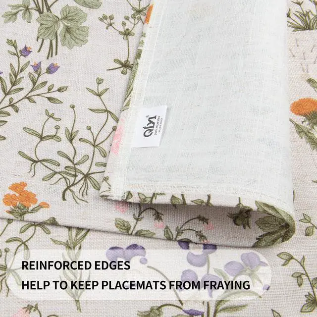 Alt view image 5 of 7 - Boho Placemats Set of 4, 12x18 Inch Linen Fabric Floral Place Mats for Kitchen Dinning, Farmhouse Rustic Cloth Table Mats, Washable Placemat Botanical Party Table Décor, Wildflowers Herbs