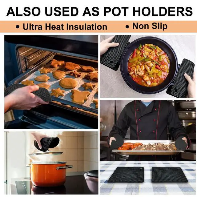 Alt view image 2 of 7 - Silicone Trivet Mats - 4 Heat Resistant Pot Holders, Multipurpose Non-Slip Hot Pads for Kitchen Potholders, Hot Dishers, Jar Opener, Spoon Holder, Food Grade Silicone & BPA Free (Black)