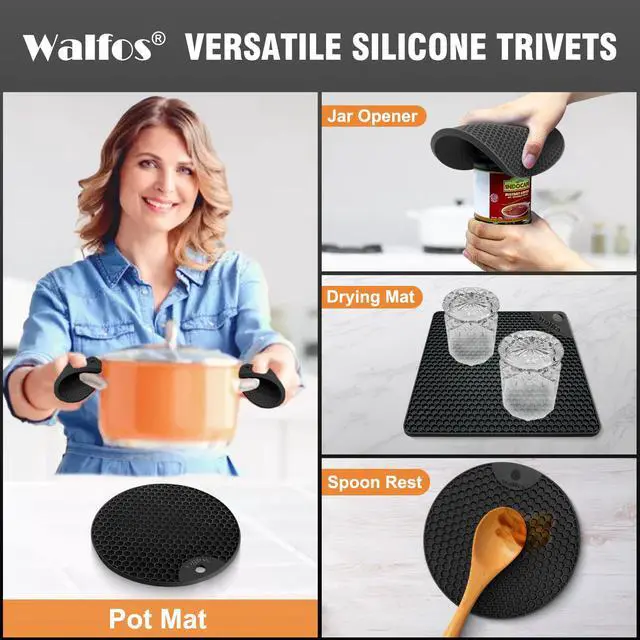 Alt view image 3 of 7 - Silicone Trivet Mats - 4 Heat Resistant Pot Holders, Multipurpose Non-Slip Hot Pads for Kitchen Potholders, Hot Dishers, Jar Opener, Spoon Holder, Food Grade Silicone & BPA Free (Black)