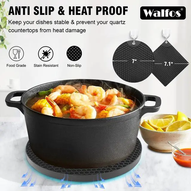 Alt view image 6 of 7 - Silicone Trivet Mats - 4 Heat Resistant Pot Holders, Multipurpose Non-Slip Hot Pads for Kitchen Potholders, Hot Dishers, Jar Opener, Spoon Holder, Food Grade Silicone & BPA Free (Black)