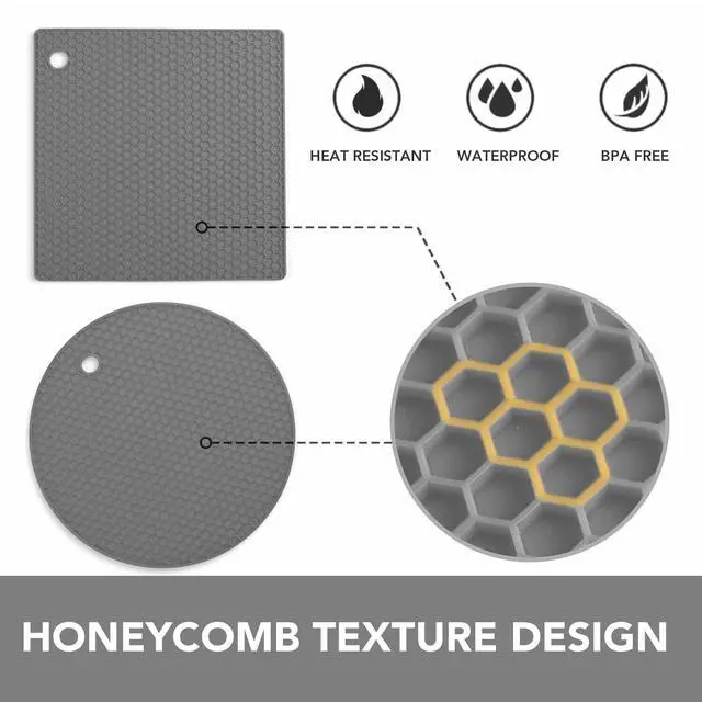 Alt view image 3 of 6 - Trivets for Hot Dishes - Hot Pads for Kitchen, Silicone Pot Holders for Hot Pots and Pans, Silicone Mats for Kitchen Countertops, Table, Flexible Easy to Wash and Dry, Grey