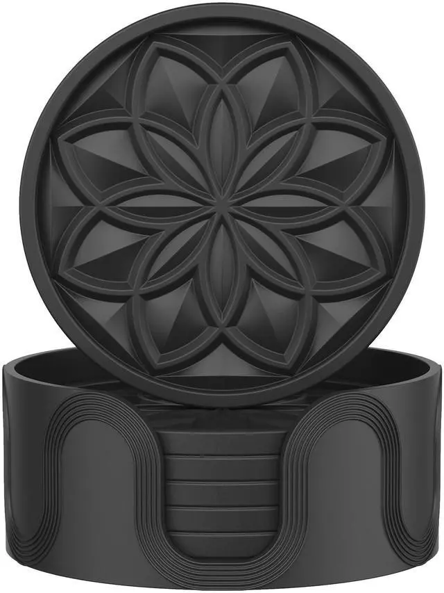Main image of Silicone Coasters Set with Holder - 6 Pack Drink Coasters for Coffee Table, Bar, Desk - Tabletop Protection Gift - Black