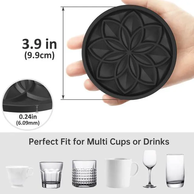 Alt view image 3 of 7 - Silicone Coasters Set with Holder - 6 Pack Drink Coasters for Coffee Table, Bar, Desk - Tabletop Protection Gift - Black
