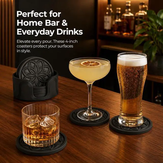 Alt view image 4 of 7 - Silicone Coasters Set with Holder - 6 Pack Drink Coasters for Coffee Table, Bar, Desk - Tabletop Protection Gift - Black
