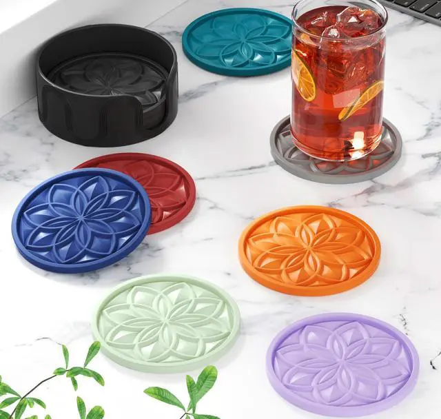 Alt view image 6 of 7 - Silicone Coasters Set with Holder - 6 Pack Drink Coasters for Coffee Table, Bar, Desk - Tabletop Protection Gift - Black