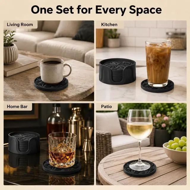 Alt view image 7 of 7 - Silicone Coasters Set with Holder - 6 Pack Drink Coasters for Coffee Table, Bar, Desk - Tabletop Protection Gift - Black