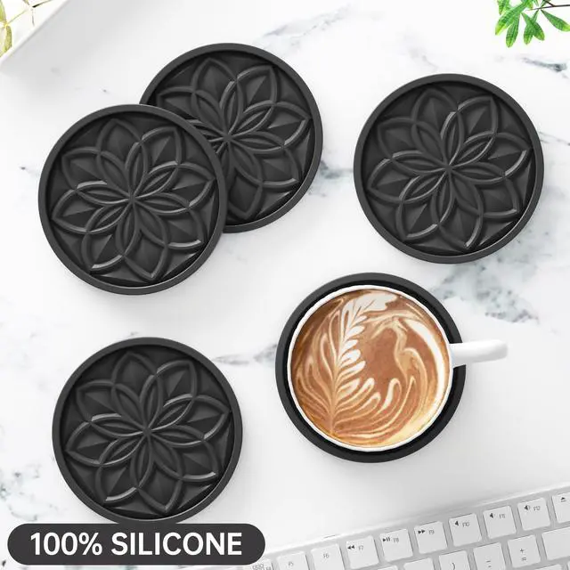 Alt view image 2 of 7 - Silicone Coasters Set with Holder - 6 Pack Drink Coasters for Coffee Table, Bar, Desk - Tabletop Protection Gift - Black