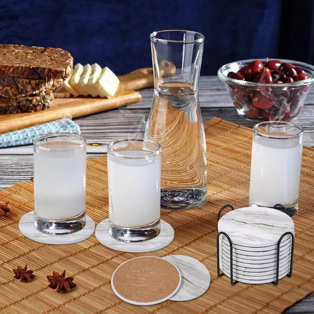 Alt view image 2 of 7 - Drink Coasters with Holder for Coffee Table, Absorbent Coaster Set of 6, Marble Style Ceramic Coaster for Wooden Table, Suitable for Kinds of Cups, Home Decor, 4 Inches