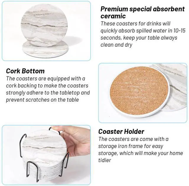Alt view image 5 of 7 - Drink Coasters with Holder for Coffee Table, Absorbent Coaster Set of 6, Marble Style Ceramic Coaster for Wooden Table, Suitable for Kinds of Cups, Home Decor, 4 Inches