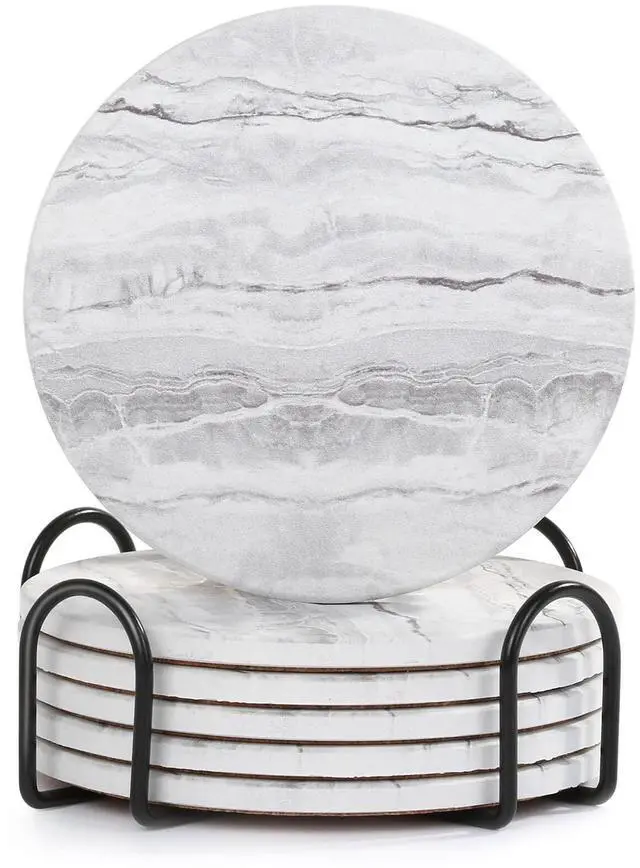 Main image of Drink Coasters with Holder for Coffee Table, Absorbent Coaster Set of 6, Marble Style Ceramic Coaster for Wooden Table, Suitable for Kinds of Cups, Home Decor, 4 Inches