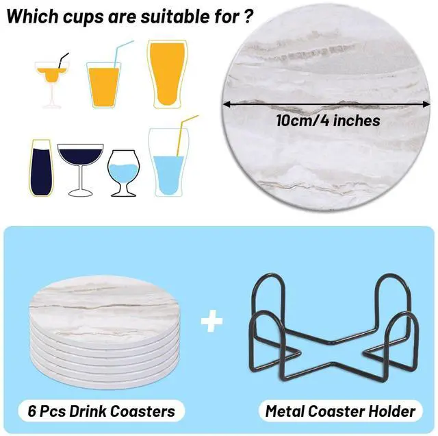 Alt view image 3 of 7 - Drink Coasters with Holder for Coffee Table, Absorbent Coaster Set of 6, Marble Style Ceramic Coaster for Wooden Table, Suitable for Kinds of Cups, Home Decor, 4 Inches