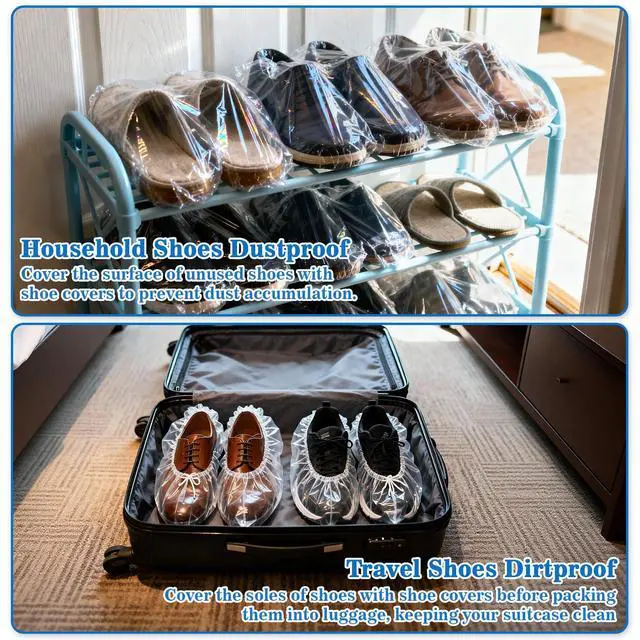 Alt view image 6 of 7 - 100pcs(50PRS) Shoe Covers Disposable - Portable Size Save Space for Rainy Days Waterproof Booties Covers Plastic Rain Shoe Protector Foot Covers Indoors Reusable Women Men Shoe Bags for Travel