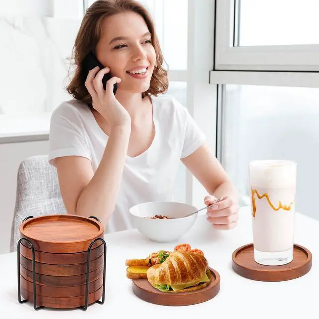 Alt view image 2 of 7 - Wooden Coasters Set of 6 with Holder, Acacia Wood Drink Coasters for Farmhouse, Patio, Bar Decoration