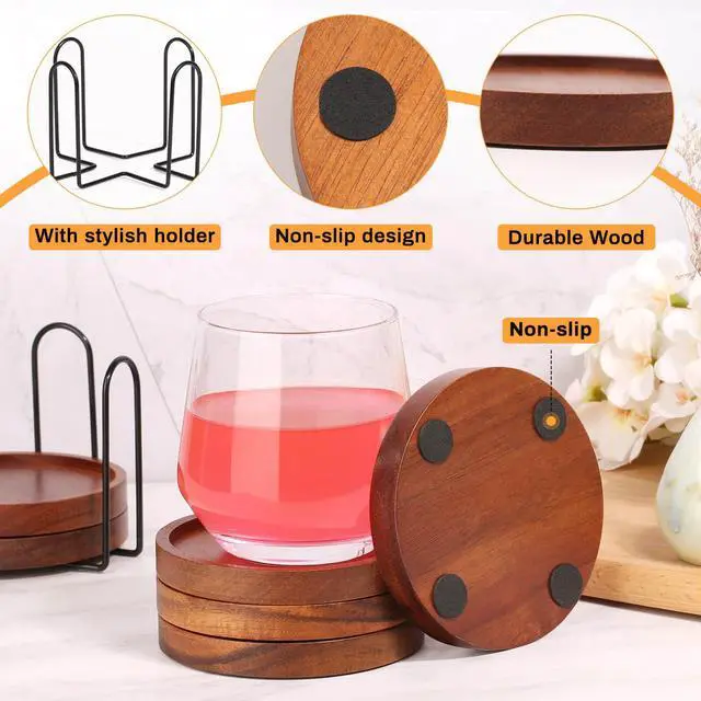 Alt view image 4 of 7 - Wooden Coasters Set of 6 with Holder, Acacia Wood Drink Coasters for Farmhouse, Patio, Bar Decoration