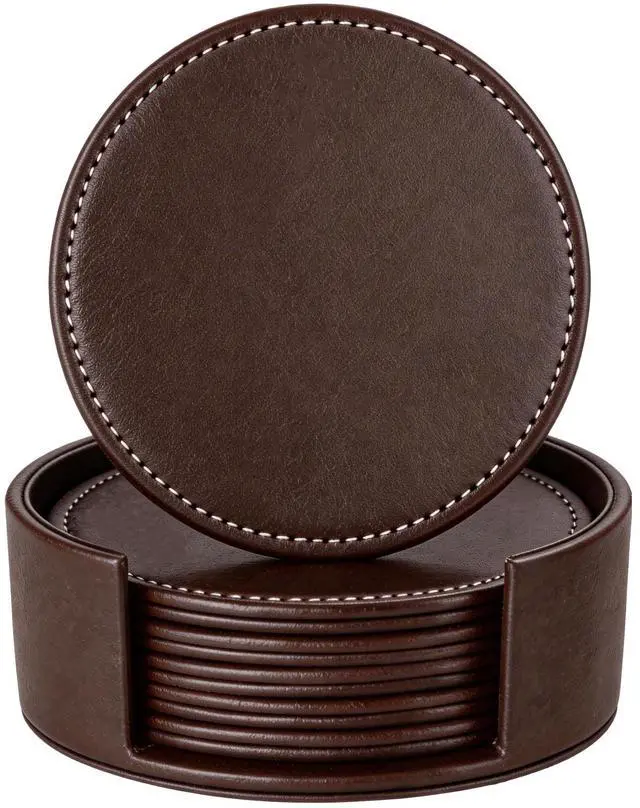 Main image of Leather Coasters for Drinks(6 Pack), Handmade Durable Drink Coasters Set with Holder for Tabletop Protection, Luxurious Home Décor and Housewarming Gift (Brown)