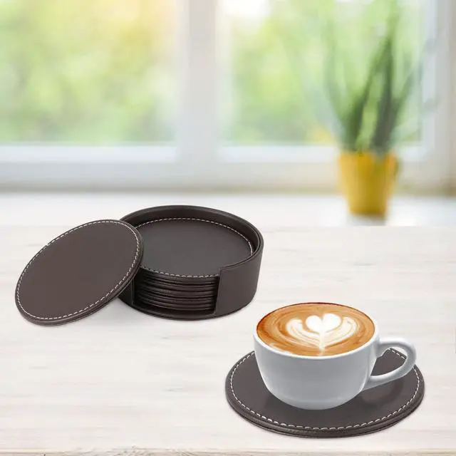 Alt view image 4 of 7 - Leather Coasters for Drinks(6 Pack), Handmade Durable Drink Coasters Set with Holder for Tabletop Protection, Luxurious Home Décor and Housewarming Gift (Brown)