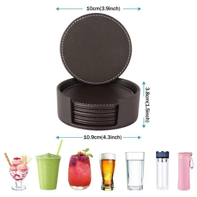 Alt view image 6 of 7 - Leather Coasters for Drinks(6 Pack), Handmade Durable Drink Coasters Set with Holder for Tabletop Protection, Luxurious Home Décor and Housewarming Gift (Brown)