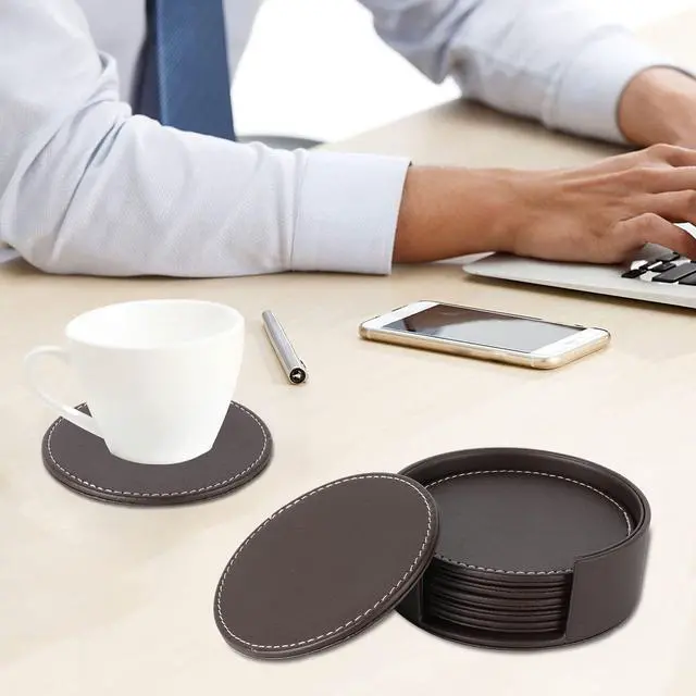 Alt view image 5 of 7 - Leather Coasters for Drinks(6 Pack), Handmade Durable Drink Coasters Set with Holder for Tabletop Protection, Luxurious Home Décor and Housewarming Gift (Brown)