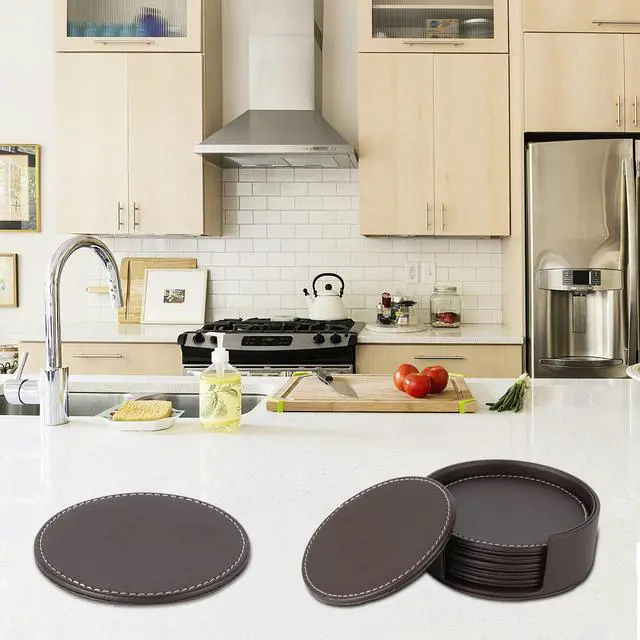 Alt view image 7 of 7 - Leather Coasters for Drinks(6 Pack), Handmade Durable Drink Coasters Set with Holder for Tabletop Protection, Luxurious Home Décor and Housewarming Gift (Brown)
