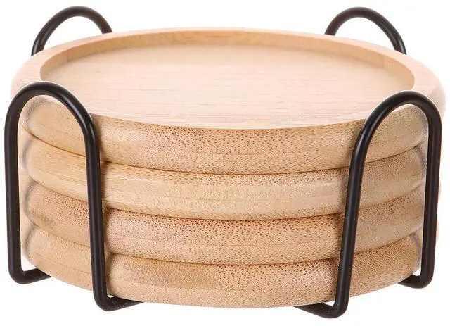 Main image of 4 Inch Bamboo Drink Coasters Set with Holder, Non-slip and non-stick,Protect furniture from water stains and heat damageSuitable for dining tables, kitchens, offices, Bars,Terrace. 4 Pack