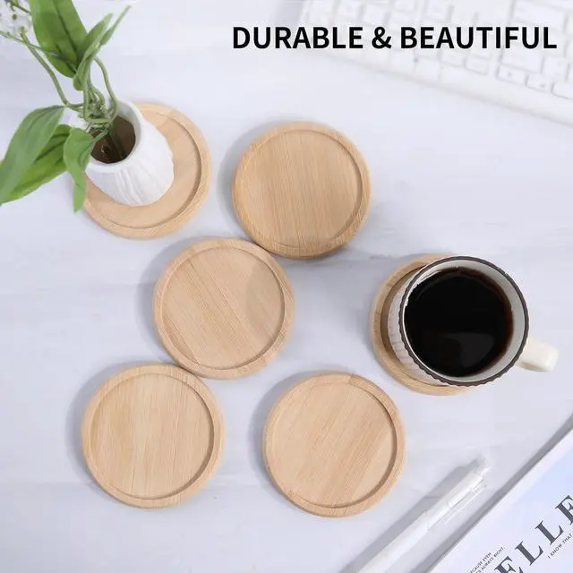 Alt view image 2 of 7 - 4 Inch Bamboo Drink Coasters Set with Holder, Non-slip and non-stick,Protect furniture from water stains and heat damageSuitable for dining tables, kitchens, offices, Bars,Terrace. 4 Pack
