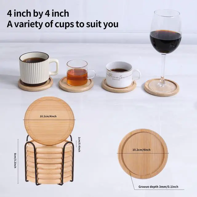 Alt view image 3 of 7 - 4 Inch Bamboo Drink Coasters Set with Holder, Non-slip and non-stick,Protect furniture from water stains and heat damageSuitable for dining tables, kitchens, offices, Bars,Terrace. 4 Pack