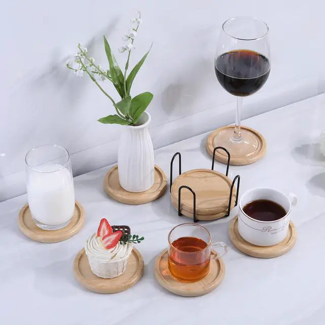 Alt view image 5 of 7 - 4 Inch Bamboo Drink Coasters Set with Holder, Non-slip and non-stick,Protect furniture from water stains and heat damageSuitable for dining tables, kitchens, offices, Bars,Terrace. 4 Pack