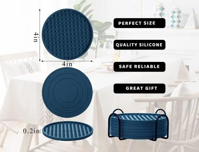 Alt view image 6 of 7 - Coasters for Drinks 6 Pack Drinking Coasters with Holder,Heat Resistant Silicone Cup Mat Tabletop Protection,Non-Slip Rubber Coaster for Kinds of Cups (Blue)