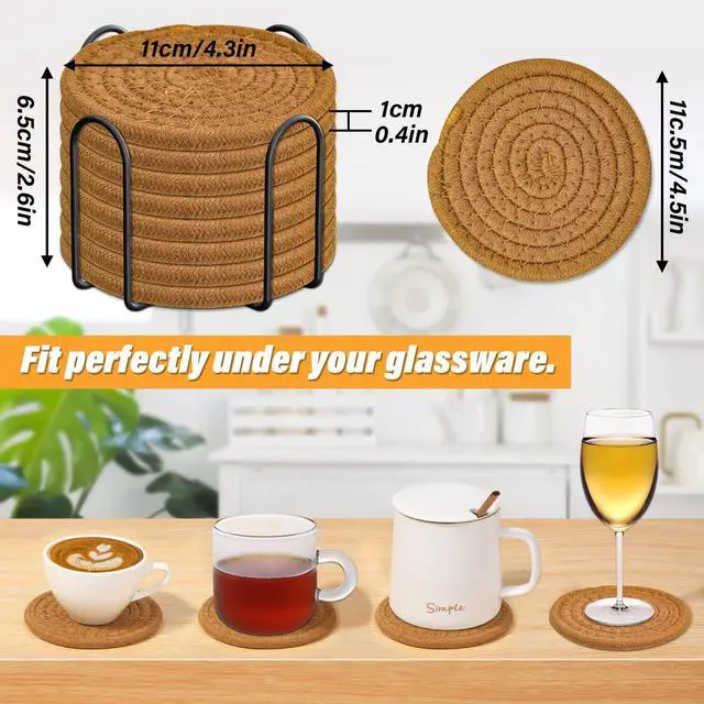 Alt view image 4 of 7 - 8 Pcs Drink Coasters with Holder, Absorbent Coasters for Drinks, Minimalist Cotton Woven Coaster Set for Home Decor Tabletop Protection Suitable for Kinds of Cups, 4.3 Inches.