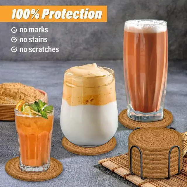 Alt view image 3 of 7 - 8 Pcs Drink Coasters with Holder, Absorbent Coasters for Drinks, Minimalist Cotton Woven Coaster Set for Home Decor Tabletop Protection Suitable for Kinds of Cups, 4.3 Inches.