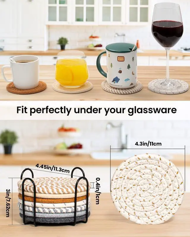 Alt view image 2 of 7 - 8 Pcs Drink Coasters with Holder, 8 Colors Absorbent Coasters for Drinks Minimalist Cup Coasters Cotton Coaster Set Woven Coasters for Coffee Table Home Decor Bar Housewarming Gift, 4.3 Inch