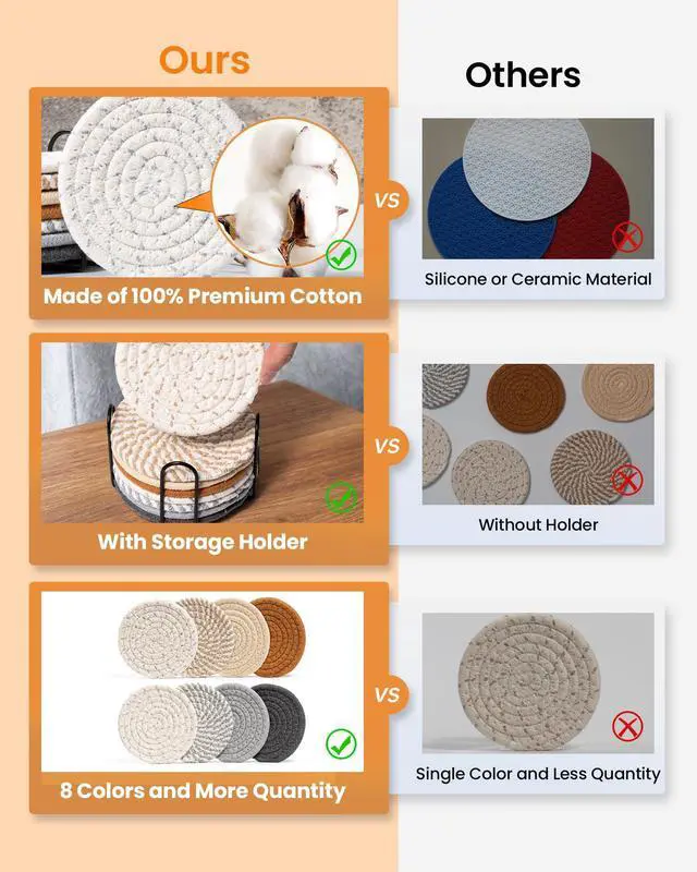 Alt view image 4 of 7 - 8 Pcs Drink Coasters with Holder, 8 Colors Absorbent Coasters for Drinks Minimalist Cup Coasters Cotton Coaster Set Woven Coasters for Coffee Table Home Decor Bar Housewarming Gift, 4.3 Inch