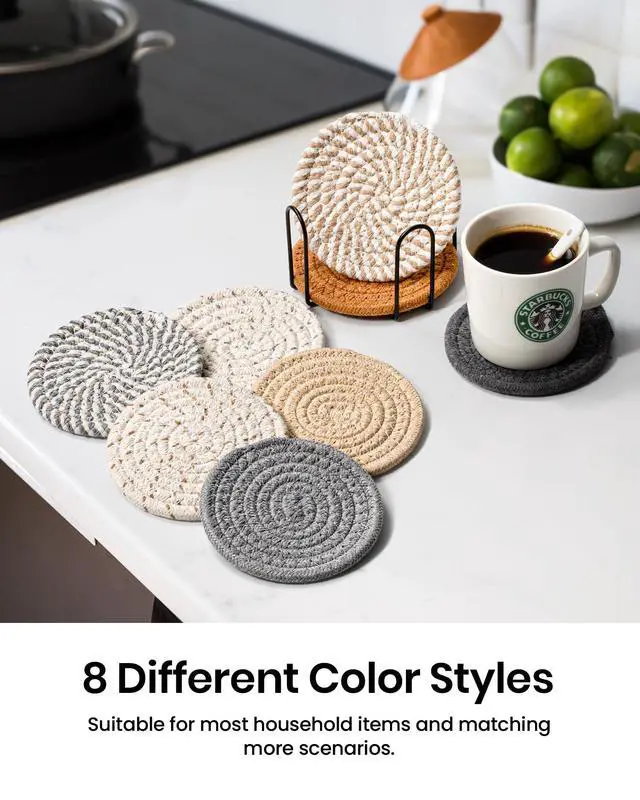 Alt view image 5 of 7 - 8 Pcs Drink Coasters with Holder, 8 Colors Absorbent Coasters for Drinks Minimalist Cup Coasters Cotton Coaster Set Woven Coasters for Coffee Table Home Decor Bar Housewarming Gift, 4.3 Inch