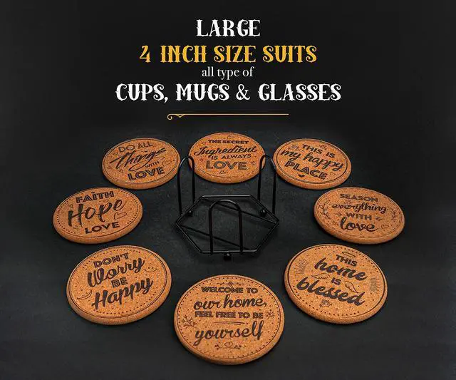 Alt view image 4 of 7 - Cork Coasters for Drinks Absorbent with Holder - Cute & Funny Set of 8 Large Round Outdoor Cup Wooden Table Protection, Coffee Trivet, Cups and Mugs Cool Drink Coaster Gift