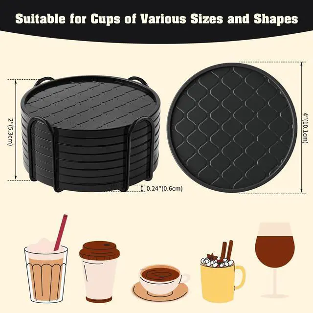 Alt view image 4 of 7 - Coasters Set of 8,Hot or Cold Drink Coasters with Holder,Modern Style Coffee Table Coaster,Suitable for Kinds Cups Beer,Drink,Anti-Overflow Tabletop Protection(Black, 8pcs)