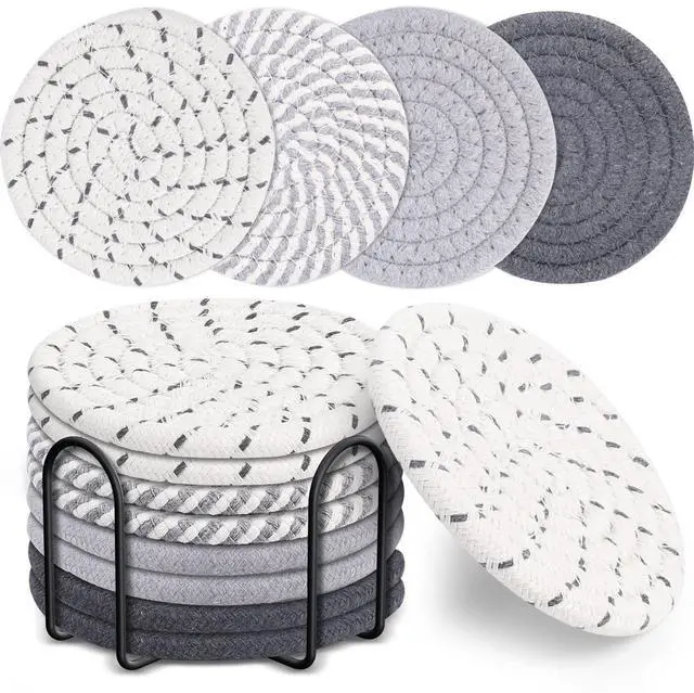 Main image of 8 Pcs Drink Coasters with Holder, 4 Colors Absorbent Coasters, Minimalist Cotton Woven Coaster Set for Living Room Decor, Tabletop Protection Suitable for Kinds of Cups, 4.3 Inches