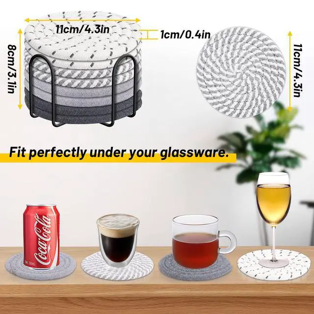 Alt view image 2 of 7 - 8 Pcs Drink Coasters with Holder, 4 Colors Absorbent Coasters, Minimalist Cotton Woven Coaster Set for Living Room Decor, Tabletop Protection Suitable for Kinds of Cups, 4.3 Inches