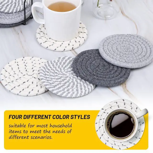 Alt view image 5 of 7 - 8 Pcs Drink Coasters with Holder, 4 Colors Absorbent Coasters, Minimalist Cotton Woven Coaster Set for Living Room Decor, Tabletop Protection Suitable for Kinds of Cups, 4.3 Inches