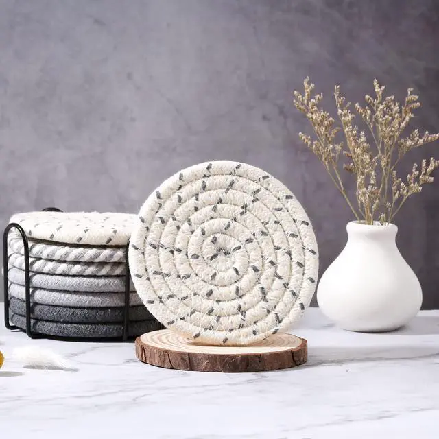 Alt view image 7 of 7 - 8 Pcs Drink Coasters with Holder, 4 Colors Absorbent Coasters, Minimalist Cotton Woven Coaster Set for Living Room Decor, Tabletop Protection Suitable for Kinds of Cups, 4.3 Inches