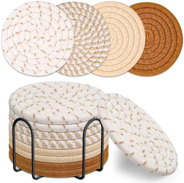 Main image of Drink Coasters Set of 8, 4 Colors Absorbent Coasters for Drinks, Minimalist Cotton Woven Coaster for Living Room Decor, Fall Home Decor, 4.3 Inches