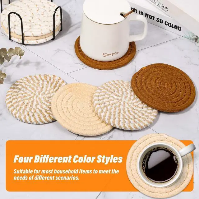 Alt view image 5 of 7 - Drink Coasters Set of 8, 4 Colors Absorbent Coasters for Drinks, Minimalist Cotton Woven Coaster for Living Room Decor, Fall Home Decor, 4.3 Inches