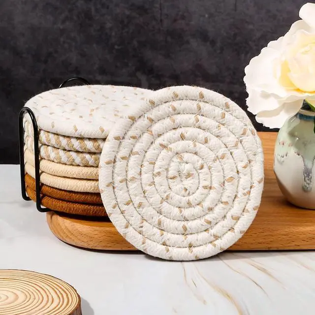 Alt view image 7 of 7 - Drink Coasters Set of 8, 4 Colors Absorbent Coasters for Drinks, Minimalist Cotton Woven Coaster for Living Room Decor, Fall Home Decor, 4.3 Inches